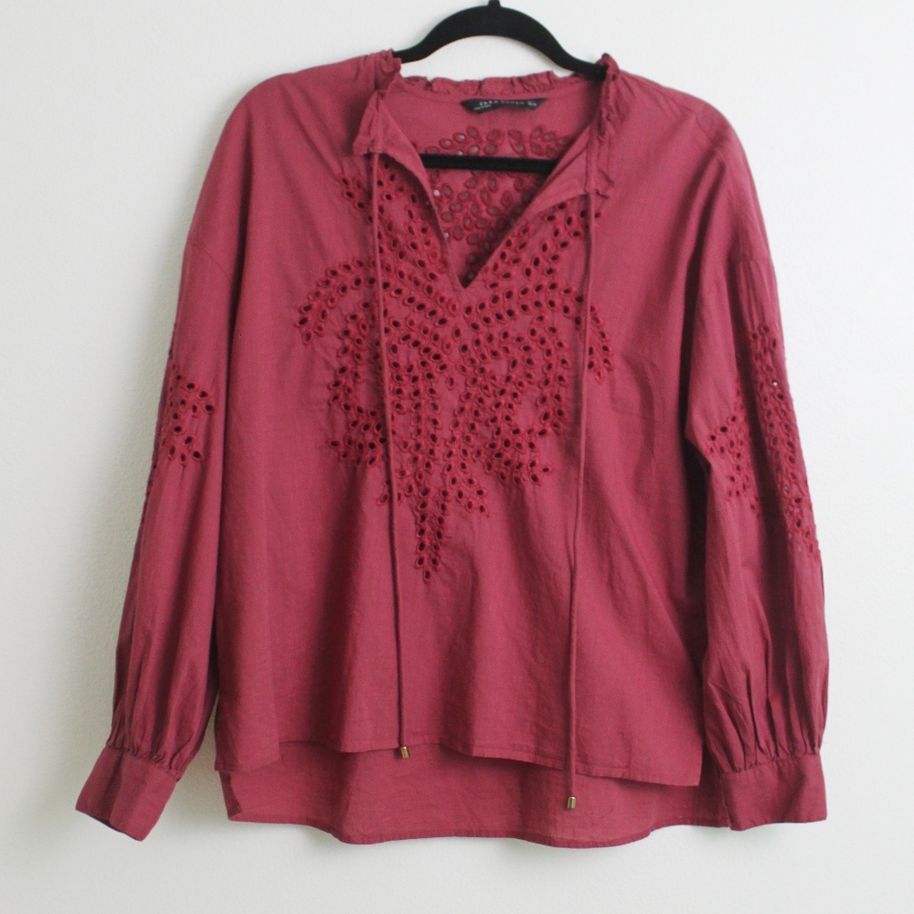 Zara Woman Red Embroidered Boho Oversized Top Sz S